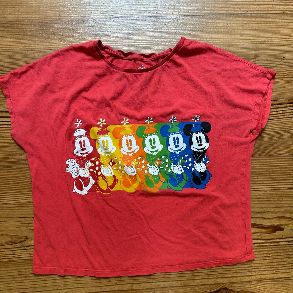 Disney red rainbow Minnie cotton cropped oversized graphic shirt SIZE S